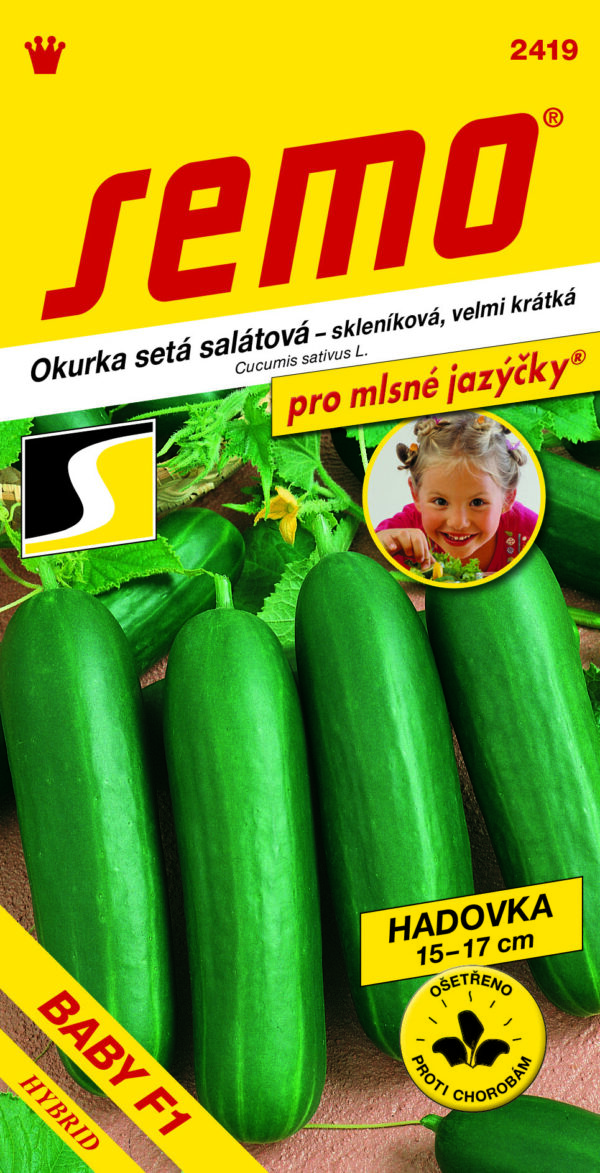 BABY F1 - veľmi skorá partenokarpická šalátová uhorka. Má veľmi krátke plody dĺžky 15 - 17 cm. Plody sú stredne až tmavozelené, tupo zakončené. - Eshop, kúpte online cez záhraníctvo Kulla